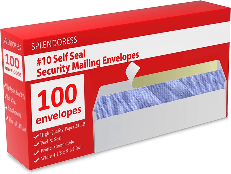 Splendoress #10 Envelopes Letter Size Self Seal | 100 Business Mailing Security Peel and Sealing Envelope | 100% Tinted | no 10 White Windowless Legal Regular Plain Envelops Pack | 4-1/8 x 9-1/2 Inches | 24 LB - Image 1
